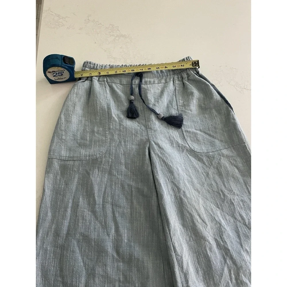 Womens Blue Striped Cropped Pants Elastic Waist Drawstring Tassel Frayed Hem - Picture 9 of 10